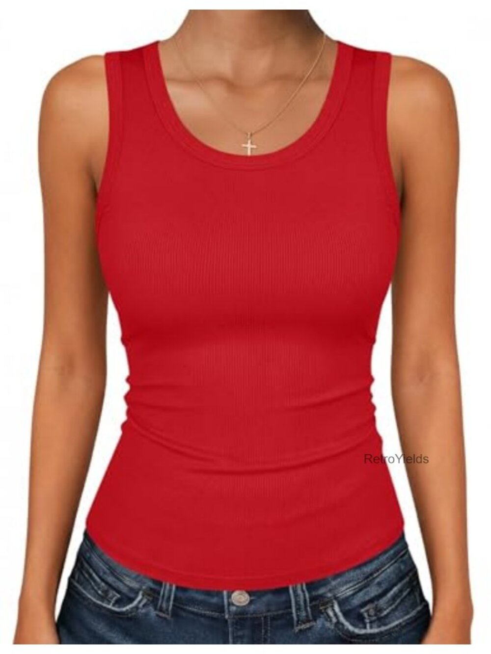 Sleeveless Ribbed Tank Top Scoop Neck Fitted Viscose Spandex Stretch